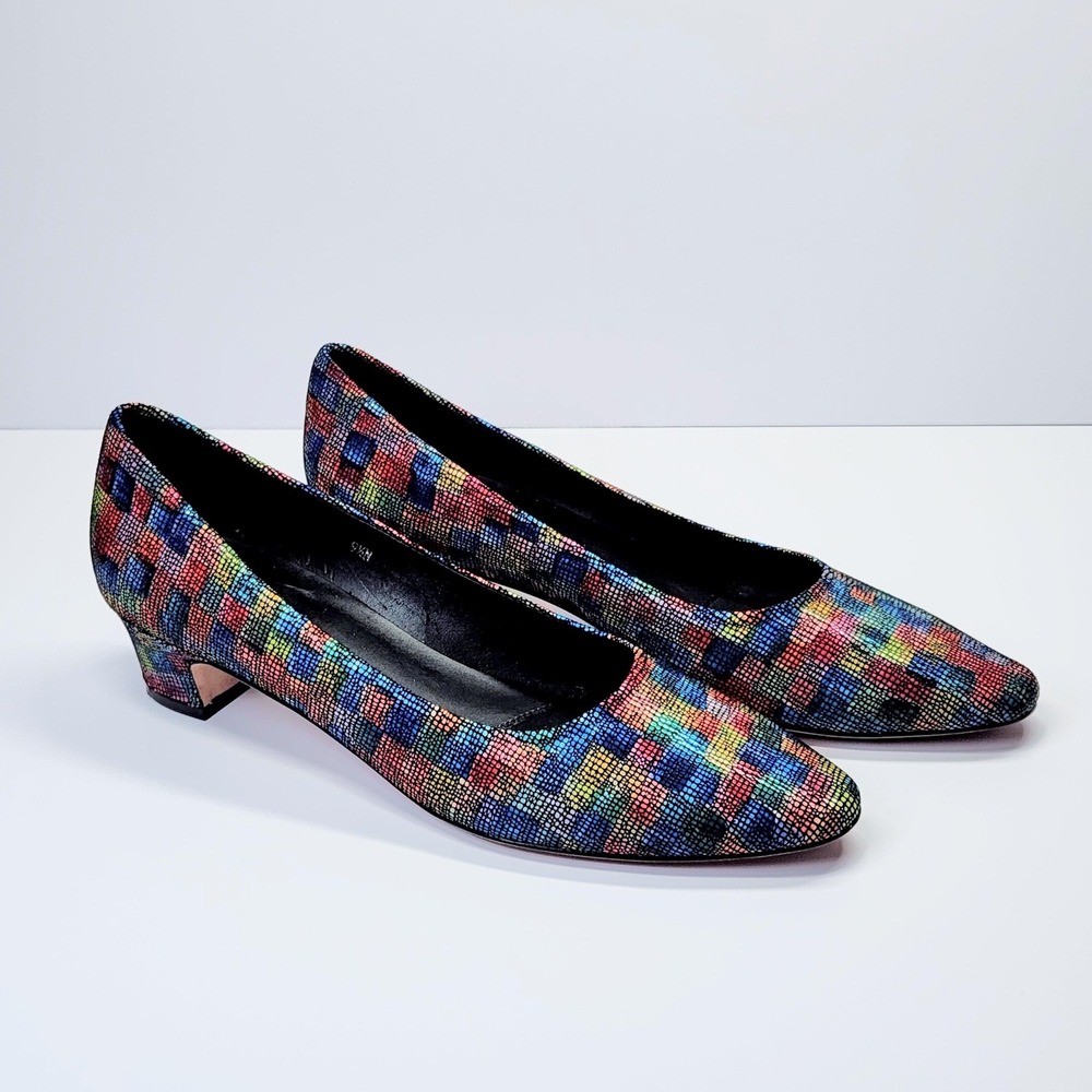 Vaneli Shoes Womens Size 9.5 Narrow Multicolor Print Leather Block Heel Pumps